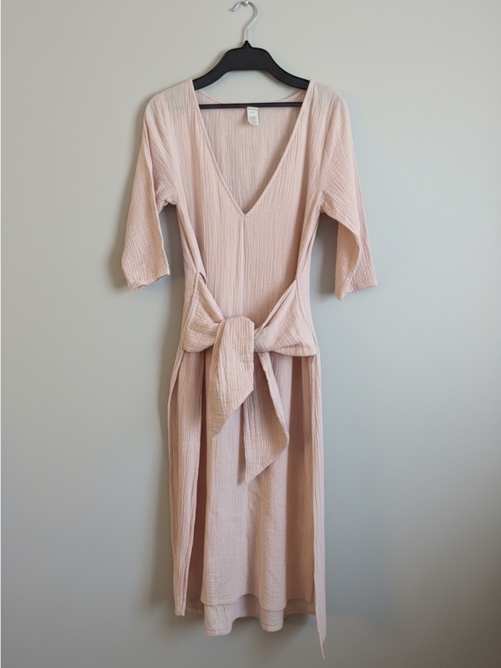Tropic of C Pale Blush Pink V-Neck Cotton Midi Dress with Waist Tie XS